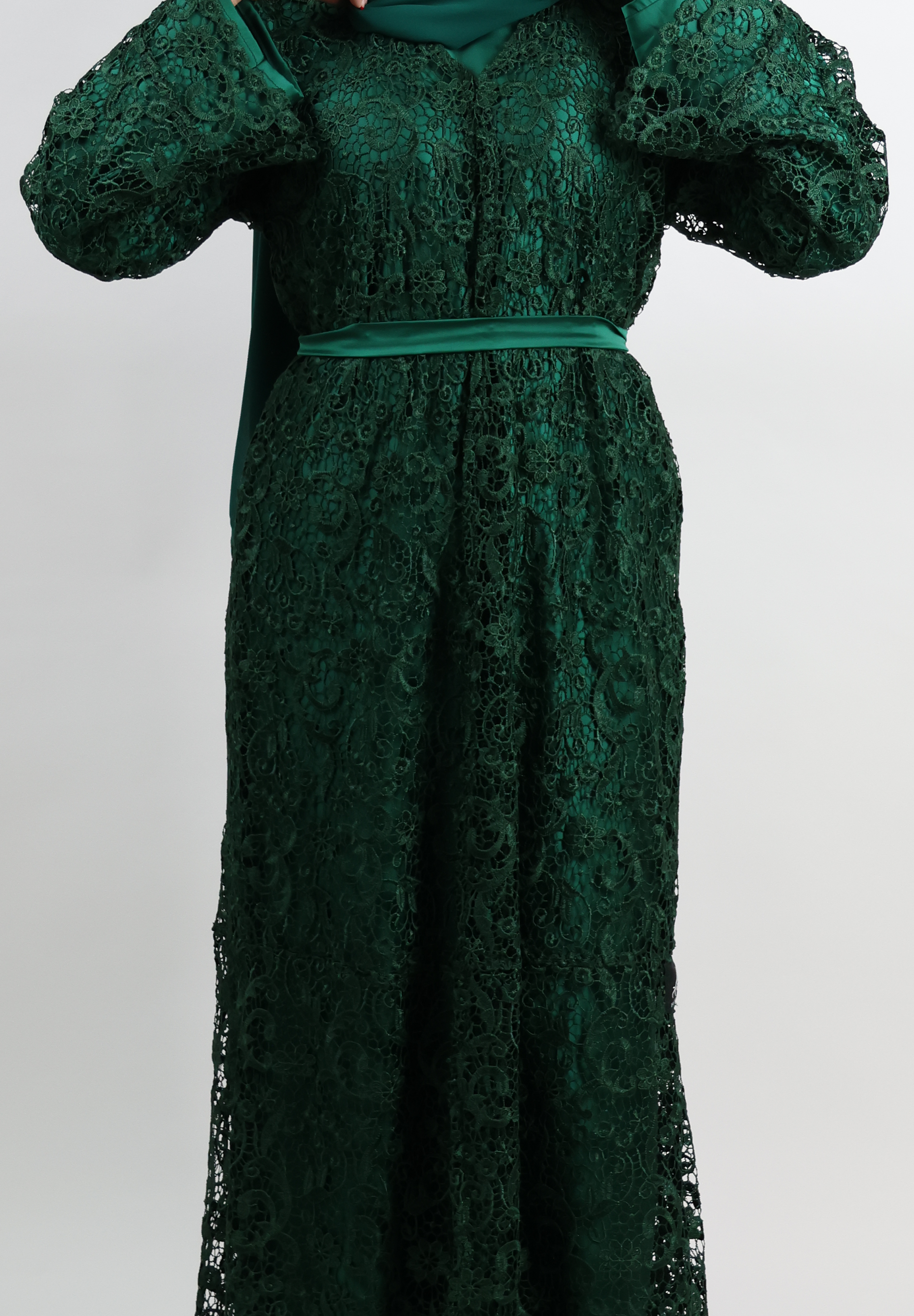 Emerald Green Lace & Sheer Layered Abaya – Royal Noir Edition – Jameela