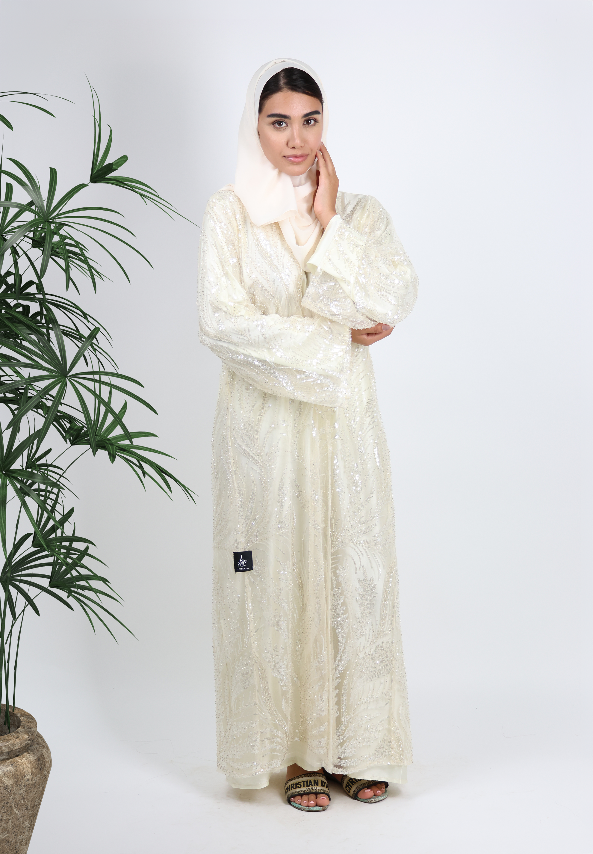 Dazzling Ivory Sequin Embroidered Abaya - Ethereal Gala Glamour