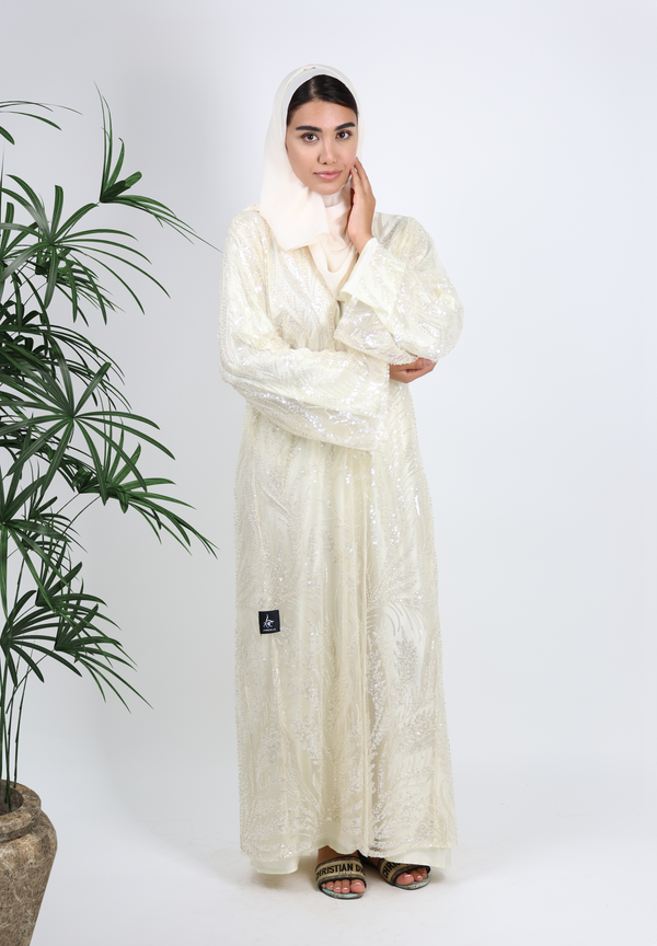 Dazzling Ivory Sequin Embroidered Abaya - Ethereal Gala Glamour
