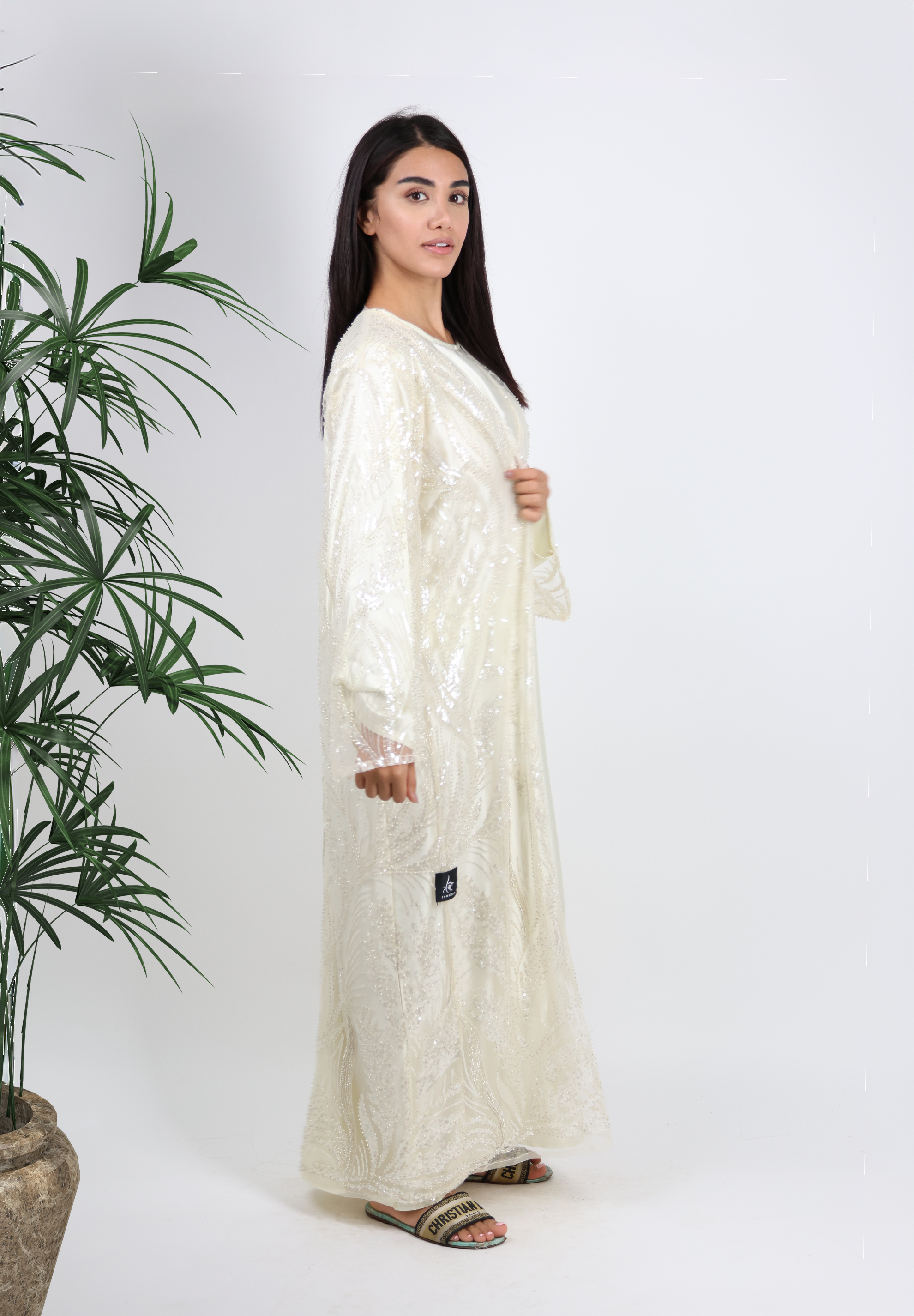 Dazzling Ivory Sequin Embroidered Abaya - Ethereal Gala Glamour
