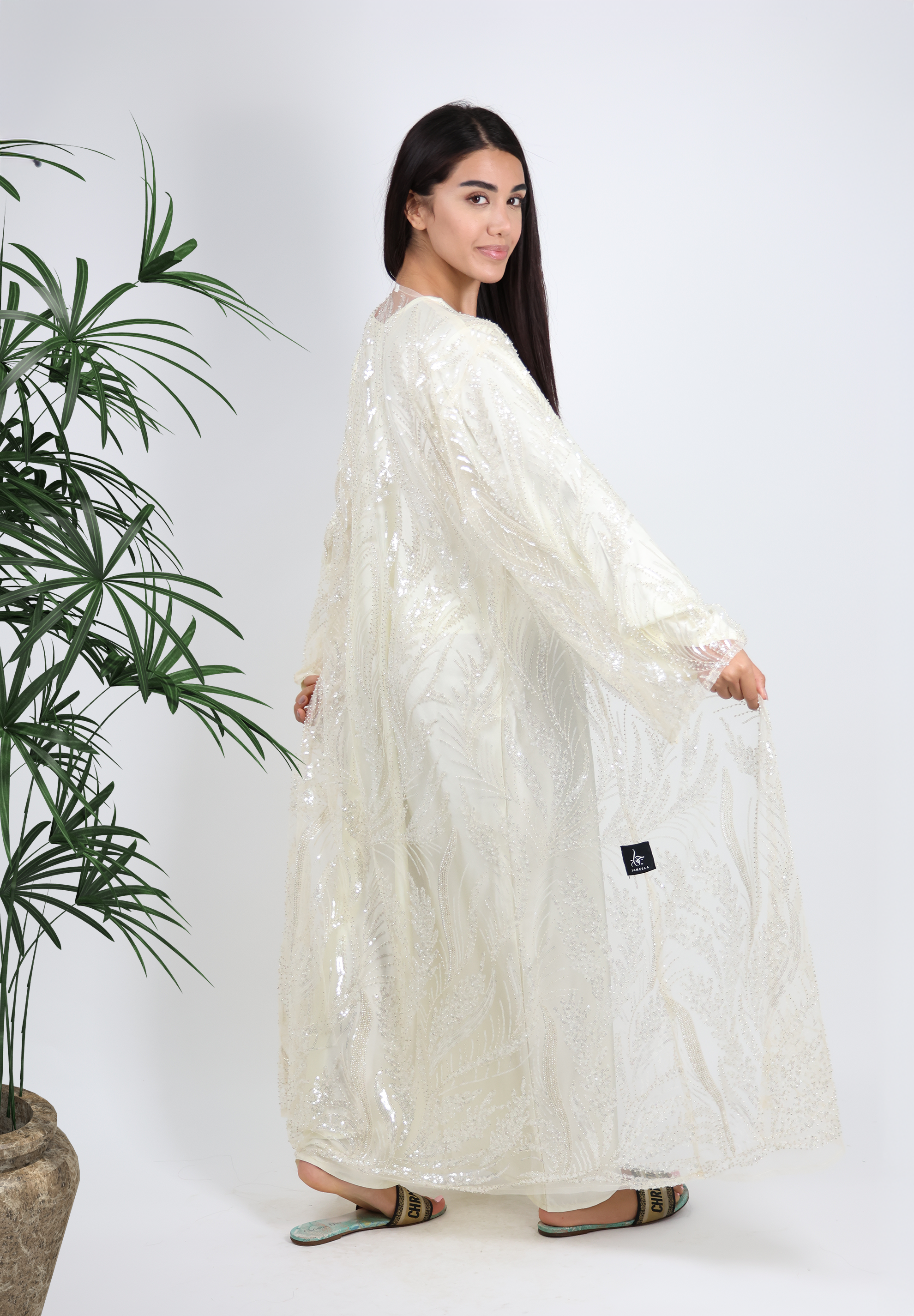 Dazzling Ivory Sequin Embroidered Abaya - Ethereal Gala Glamour