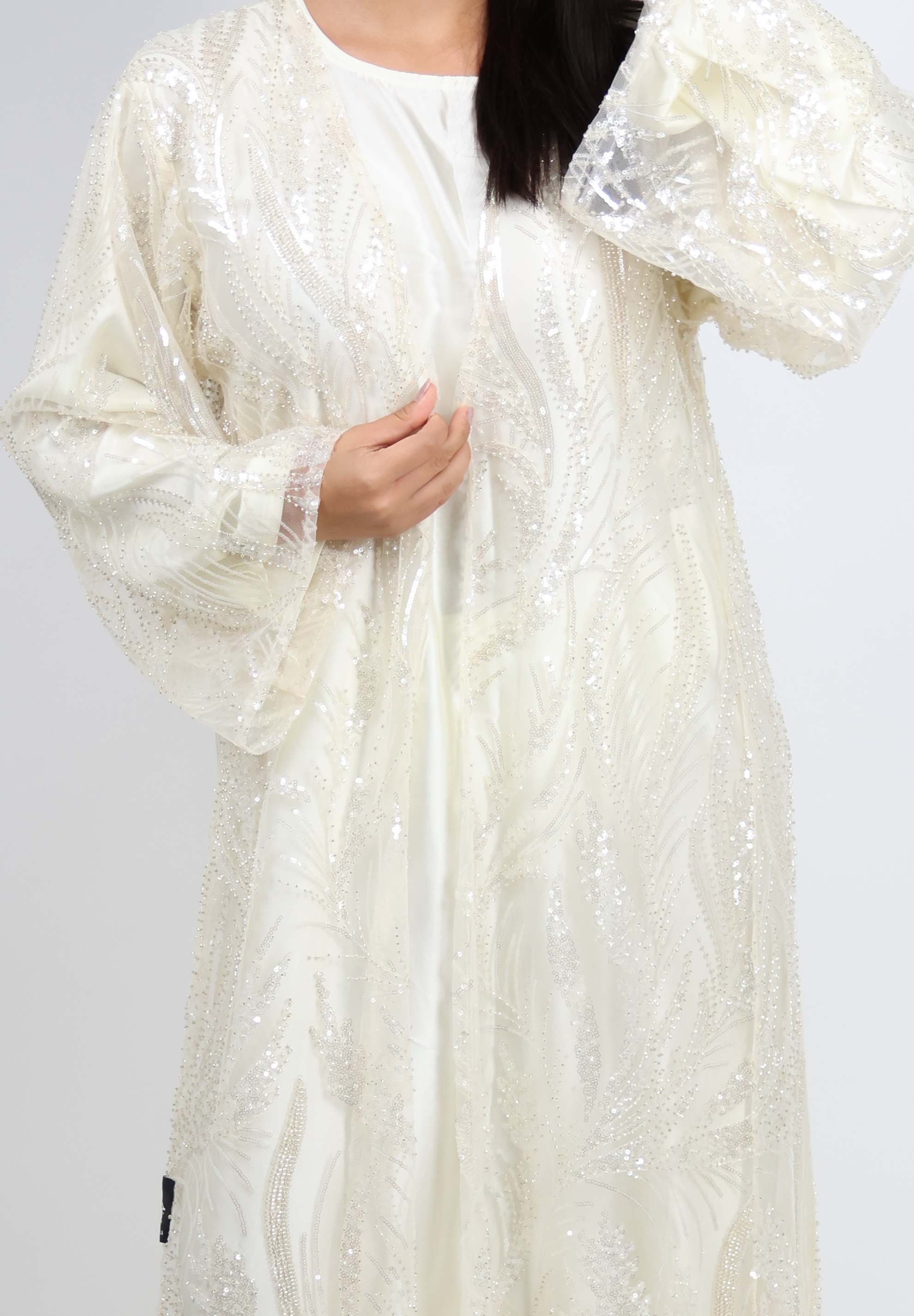 Dazzling Ivory Sequin Embroidered Abaya - Ethereal Gala Glamour