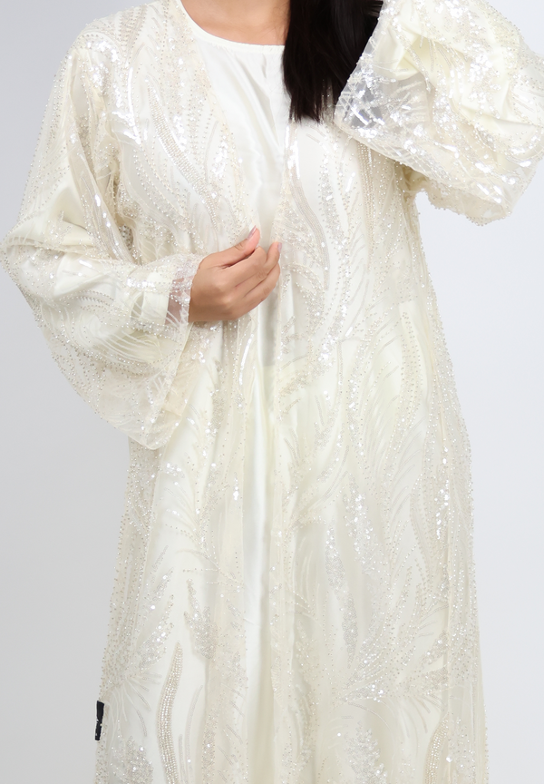 Dazzling Ivory Sequin Embroidered Abaya - Ethereal Gala Glamour
