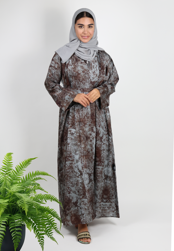 Artisan Distressed Print Abaya - Earthy Grey & Rust Hues