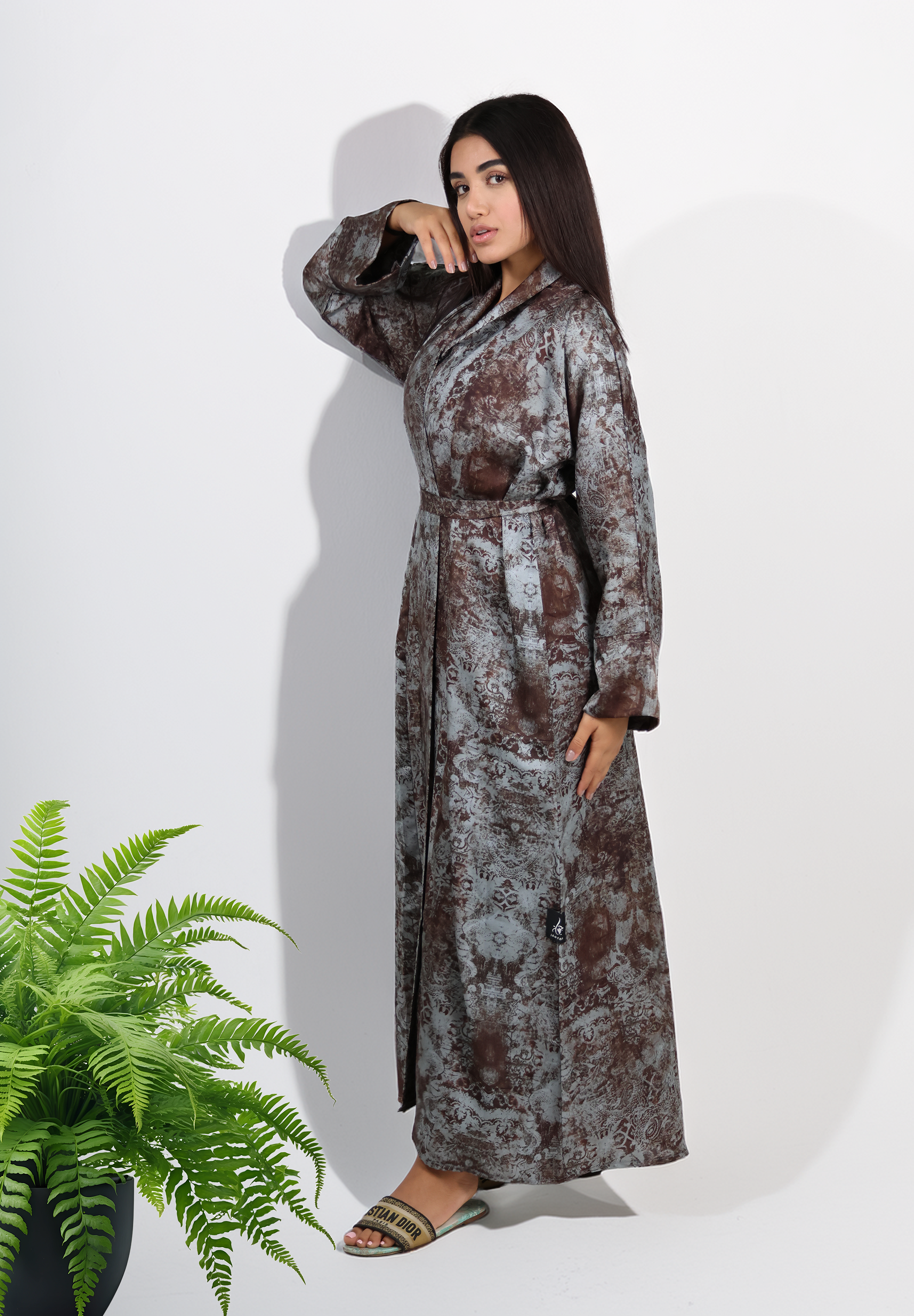 Artisan Distressed Print Abaya - Earthy Grey & Rust Hues