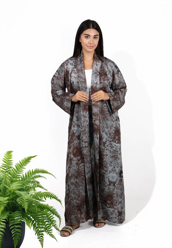 Artisan Distressed Print Abaya - Earthy Grey & Rust Hues