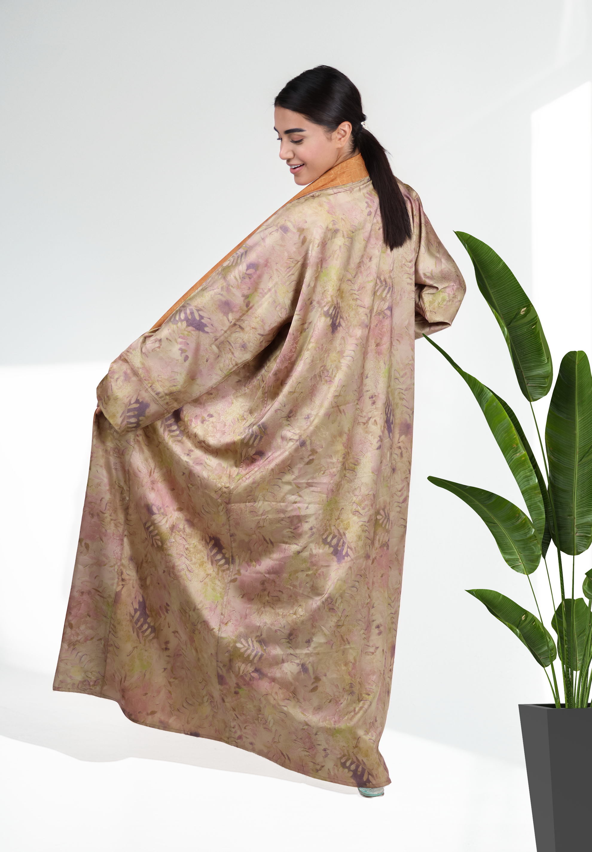 Floral Bloom Reversible Abaya - Pastel Print & Golden Caramel