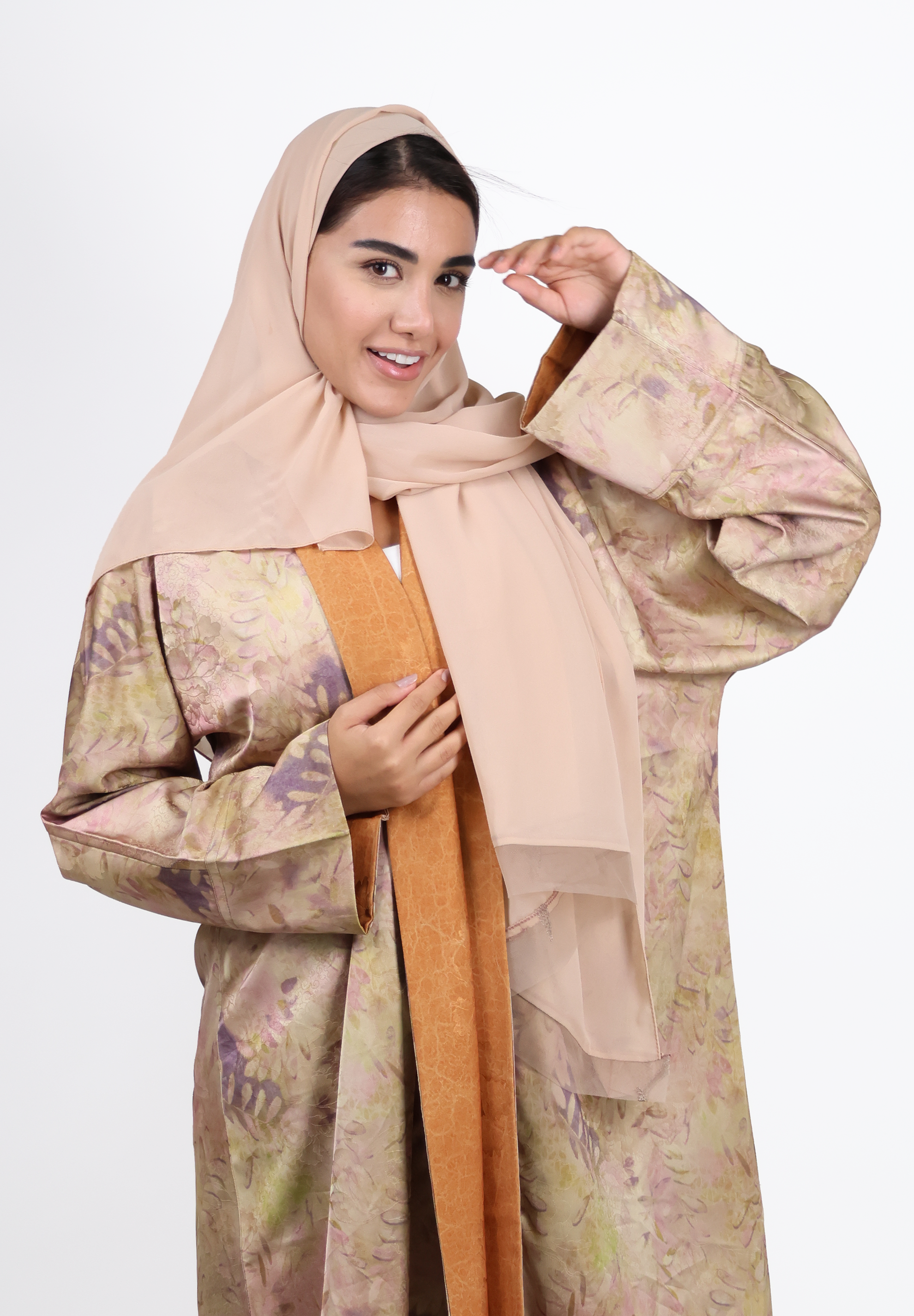 Floral Bloom Reversible Abaya - Pastel Print & Golden Caramel