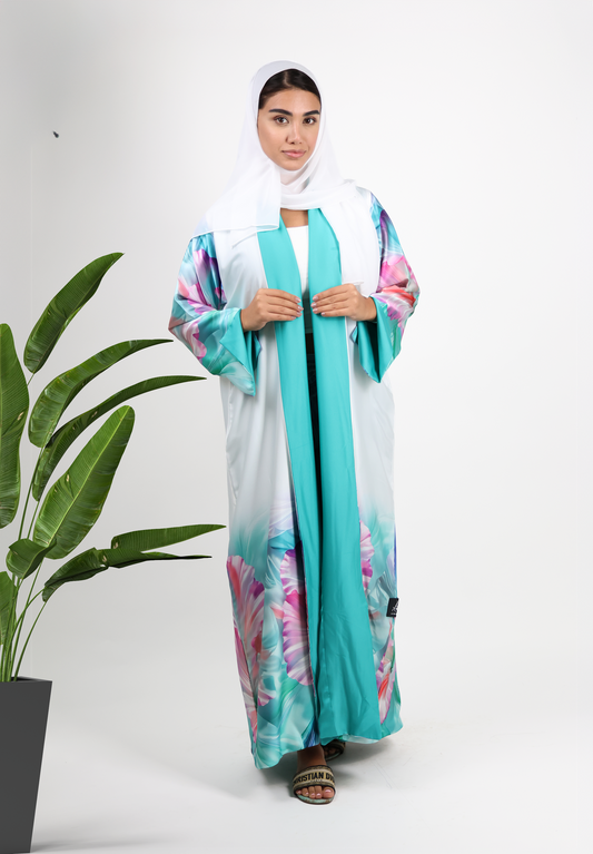 Tropical Oasis Reversible Abaya - White Floral & Turquoise Solid