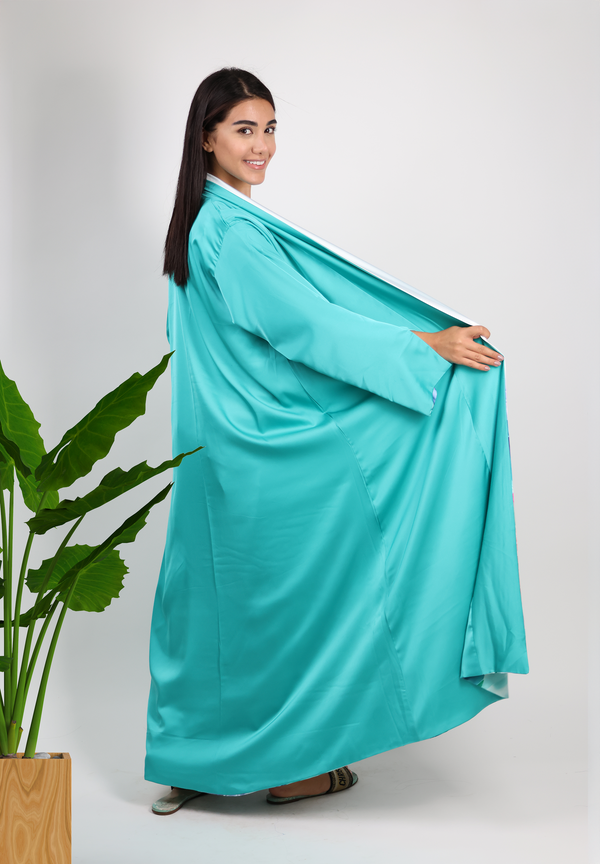 Tropical Oasis Reversible Abaya - White Floral & Turquoise Solid