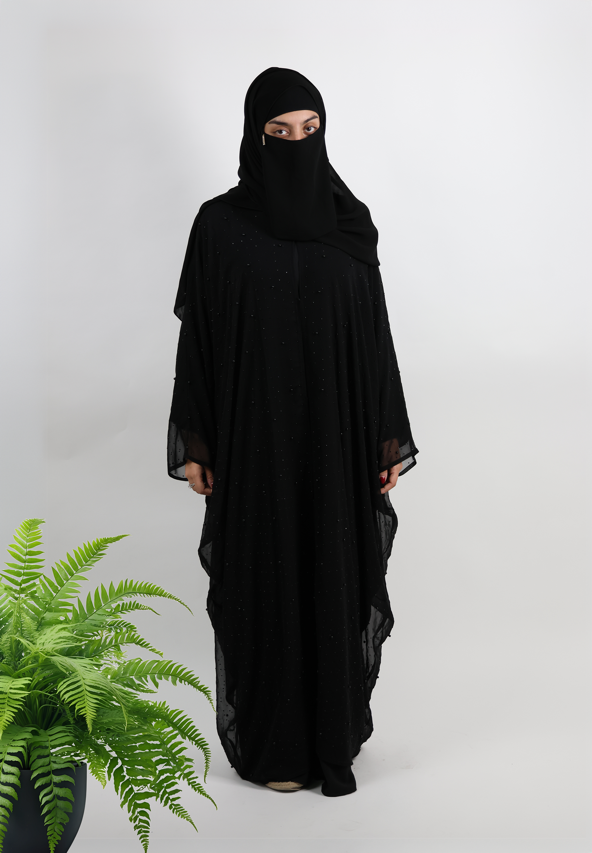Elegant Black Chiffon Abaya with Subtle Shimmer & Waterfall Drape
