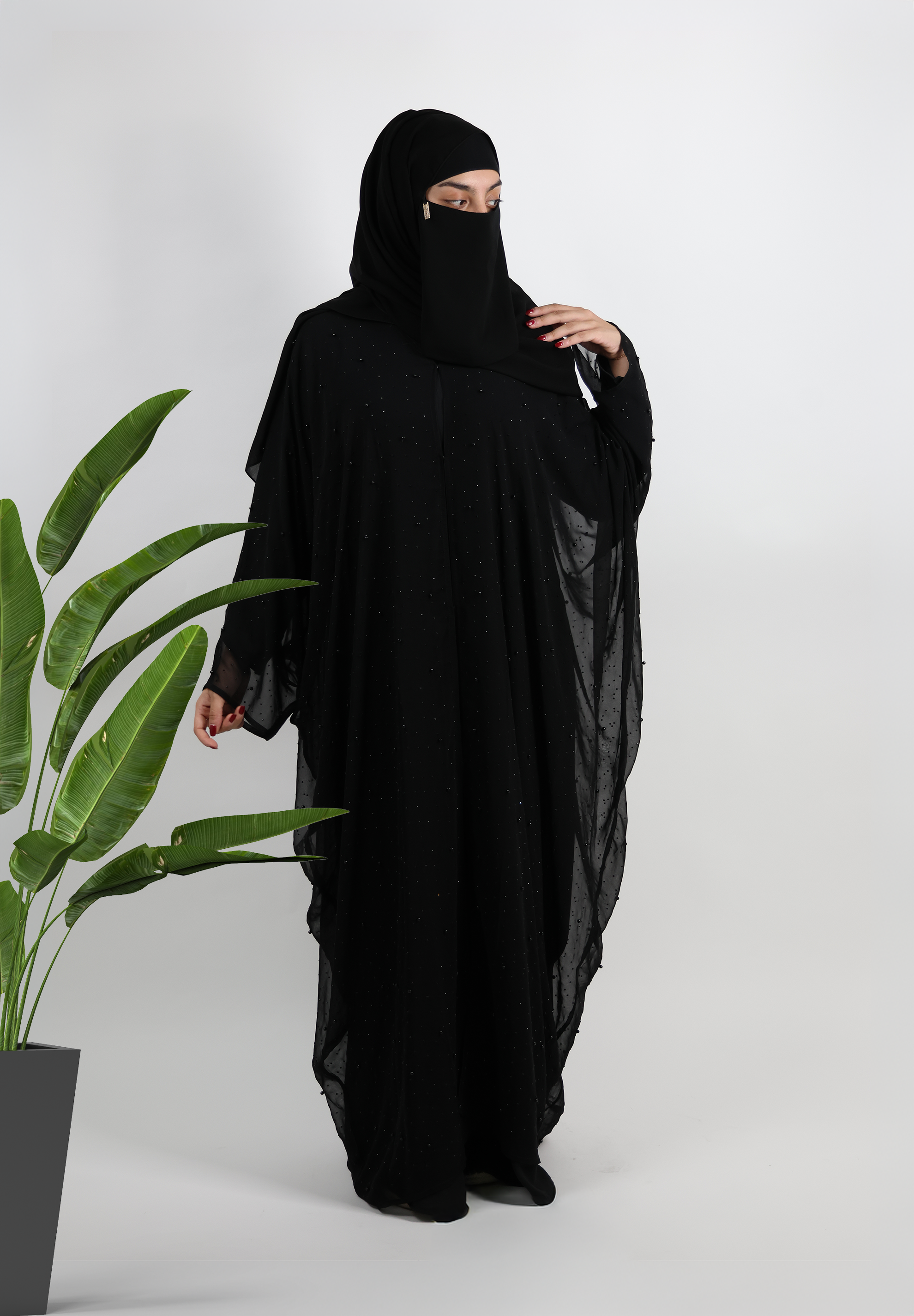 Elegant Black Chiffon Abaya with Subtle Shimmer & Waterfall Drape