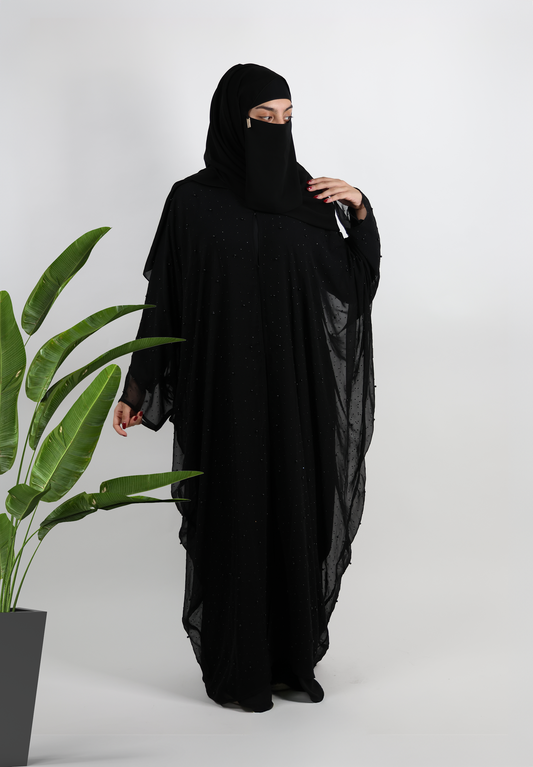Elegant Black Chiffon Abaya with Subtle Shimmer & Waterfall Drape