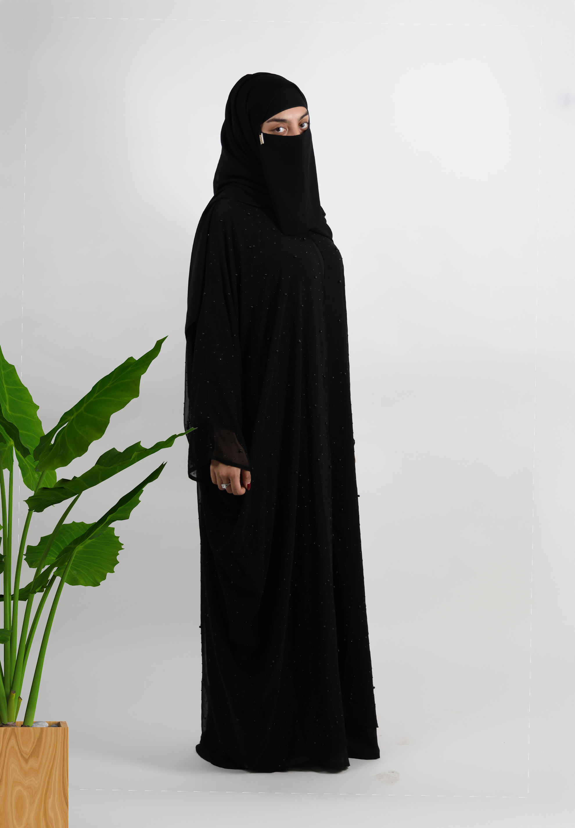 Elegant Black Chiffon Abaya with Subtle Shimmer & Waterfall Drape