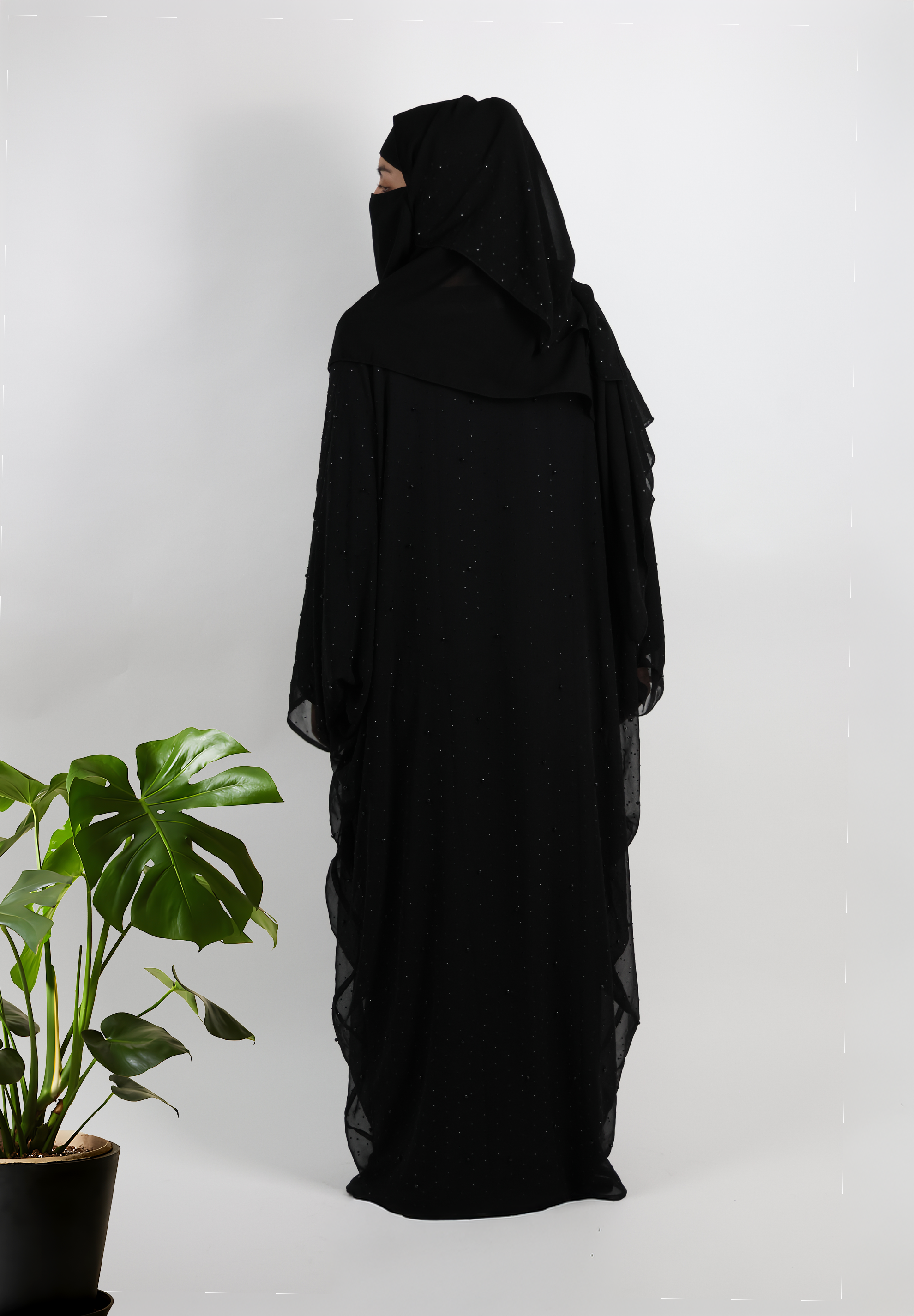 Elegant Black Chiffon Abaya with Subtle Shimmer & Waterfall Drape