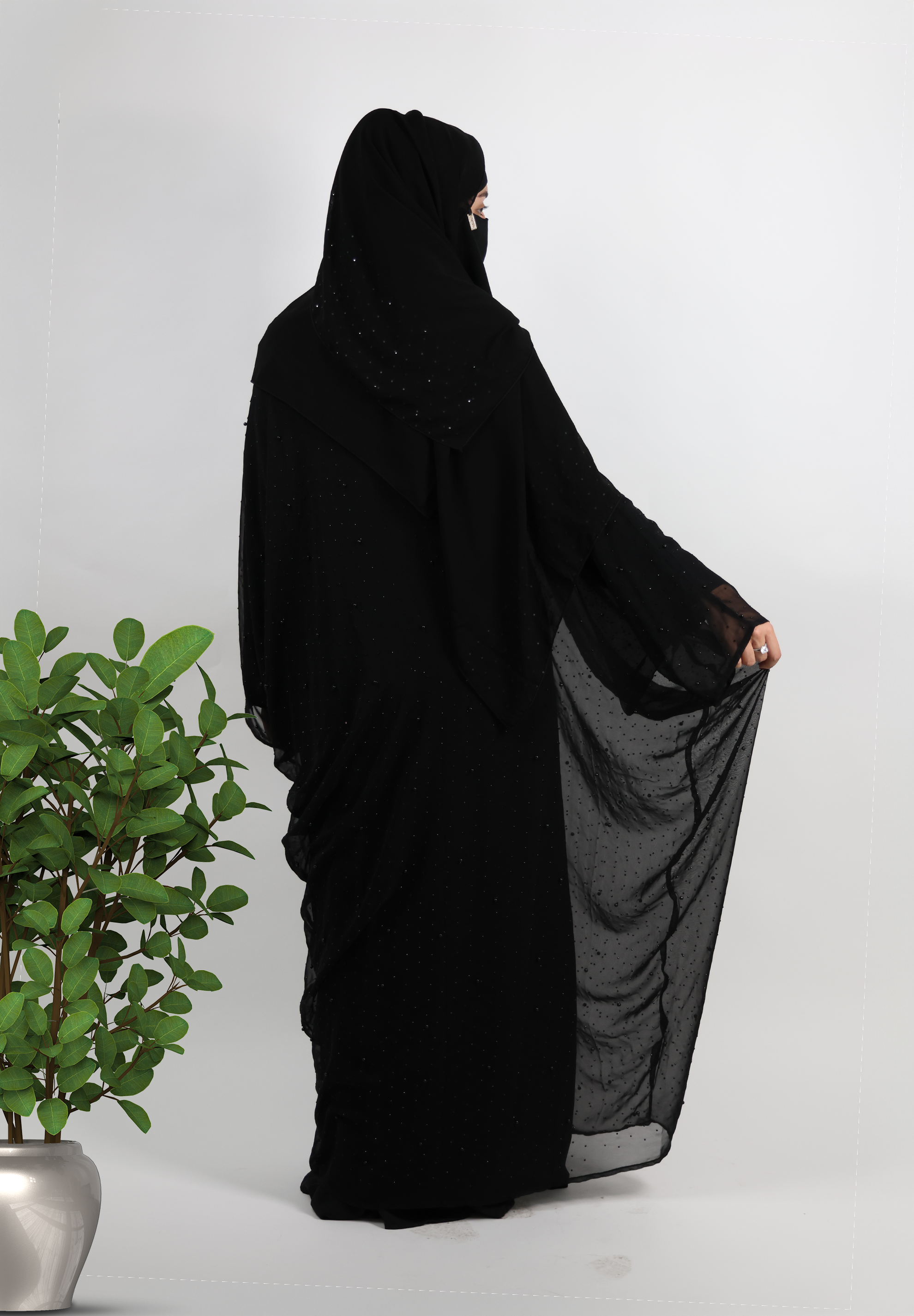 Elegant Black Chiffon Abaya with Subtle Shimmer & Waterfall Drape