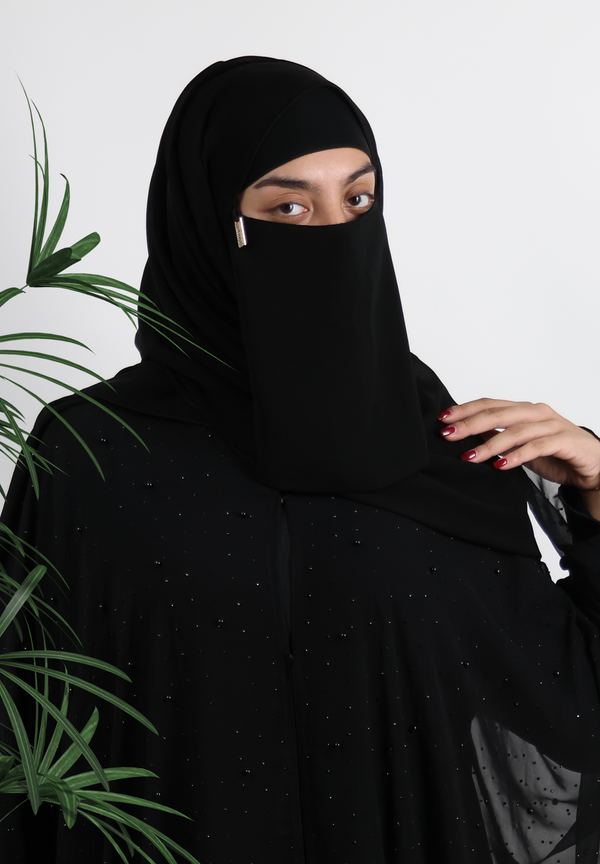 Elegant Black Chiffon Abaya with Subtle Shimmer & Waterfall Drape