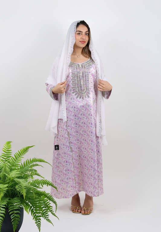 Lavender Mist Jalabiya – Silver Floral Embroidery & Sequin Design