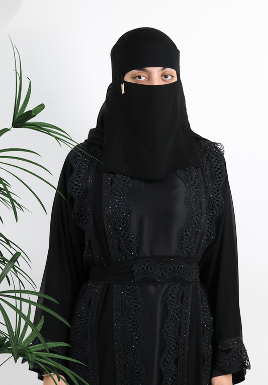 Charcoal Black Beaded Lace Drape Set