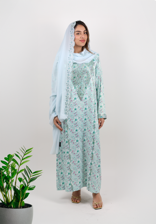 Cobalt Abaya Set – Floral Brocade with Ornate Embroidery Description