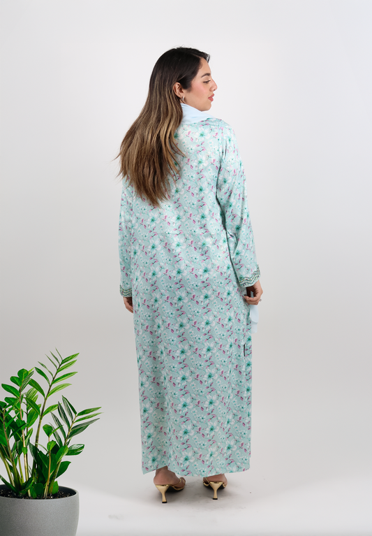 Cobalt Abaya Set – Floral Brocade with Ornate Embroidery Description