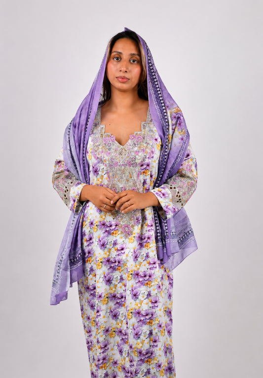 Premium Purple Floral Print Jalabiya with Intricate Silver Embroidery