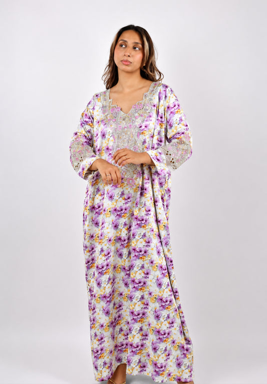 Premium Purple Floral Print Jalabiya with Intricate Silver Embroidery