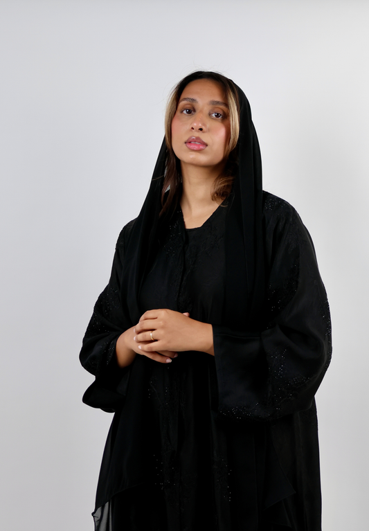 Textured Black Open Front Abaya with Tonal Embroidery and Delicate Shimmer
