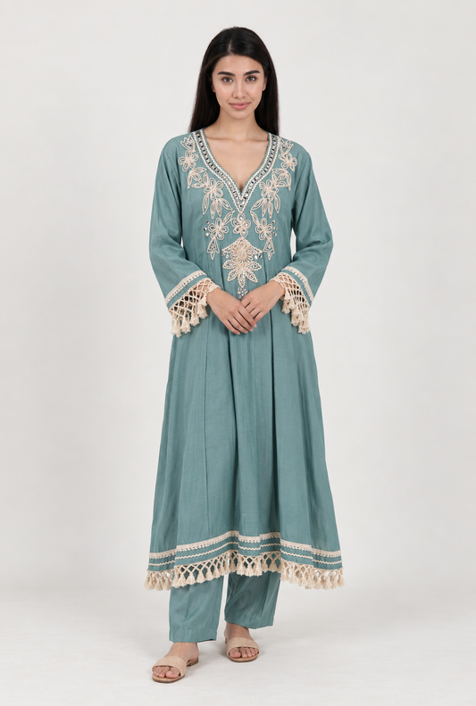 Mirror Work Embroidered Anarkali Kurta with Tassel Trim - Dusty Sage