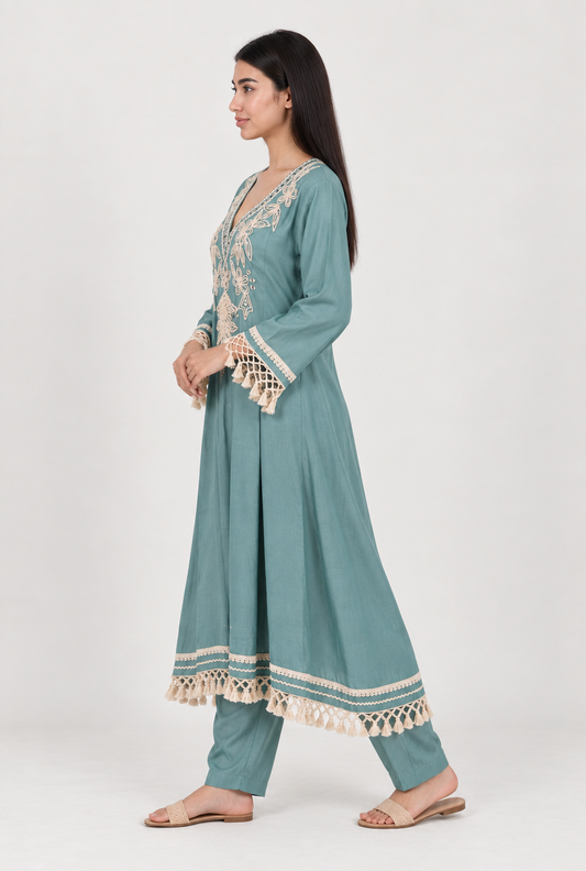 Mirror Work Embroidered Anarkali Kurta with Tassel Trim - Dusty Sage
