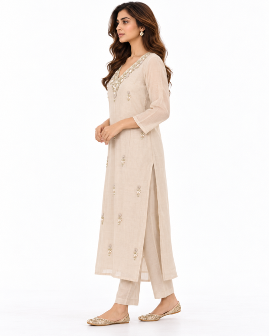 Gold Embellished V-Neck Mul Chanderi 3-Piece Kurta Set - Champagne Beige