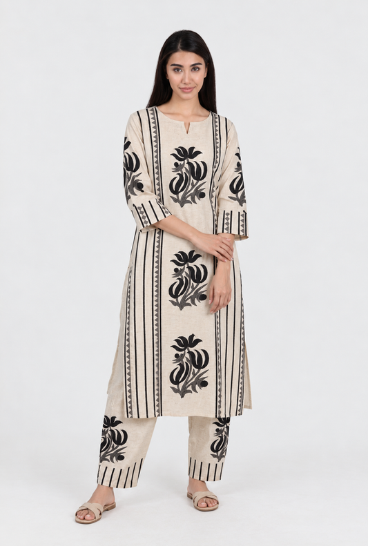Lotus Block Print Straight Cotton Kurta - Natural Beige