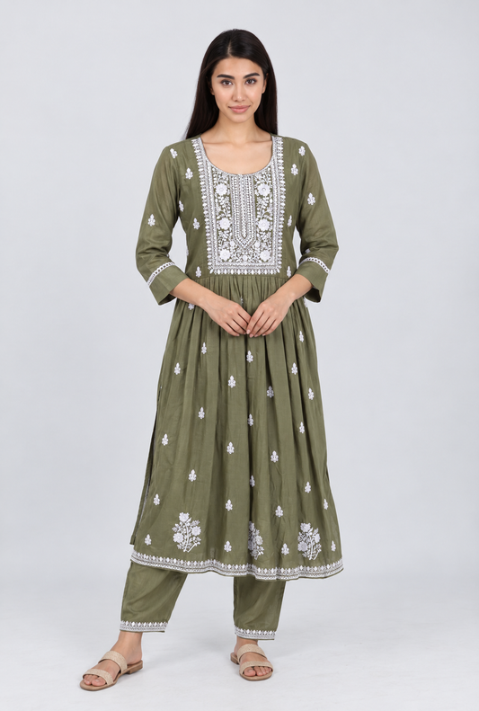 White Embroidered Yoke Anarkali Kurta - Olive Green