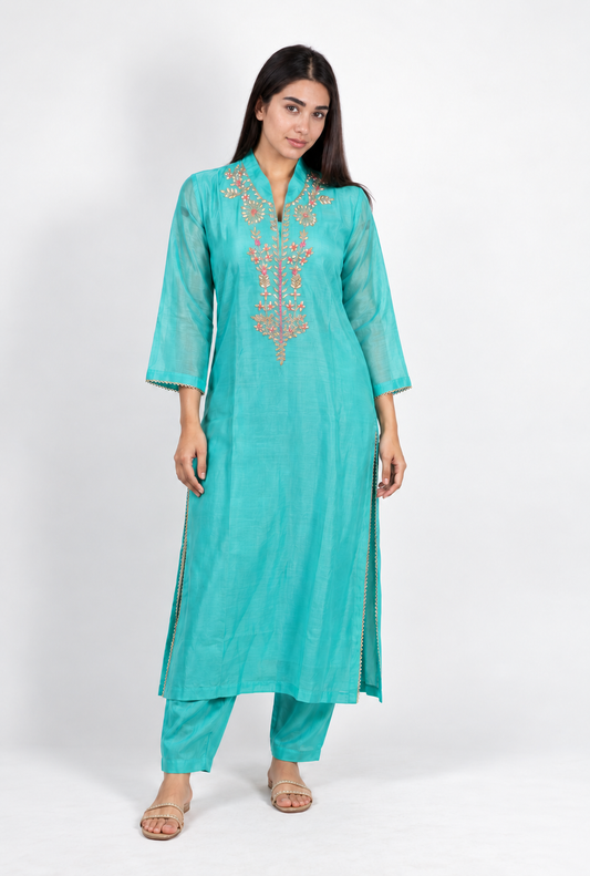 Gota Patti Embroidered Chanderi 3-Piece Kurta Set - Aqua Teal