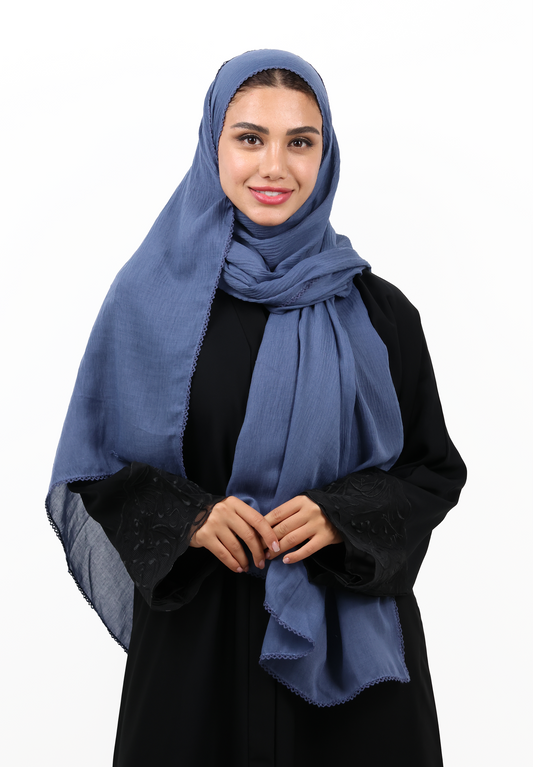 Premium Non-Slip Soft Cotton-Blend Scarf with Delicate Lace Trim (Steel Blue)