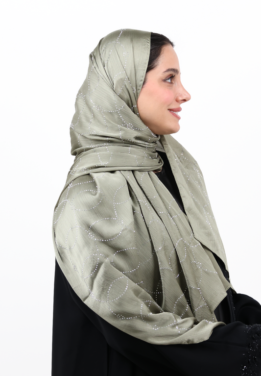 Sage Green Textured Hijab Scarf with Crystal Detailing