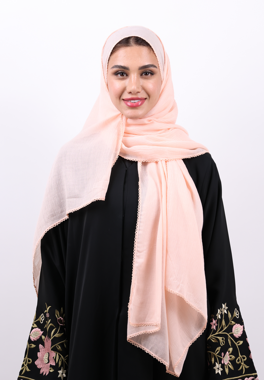 Soft Peach Textured Hijab Scarf with Delicate Crochet Edging