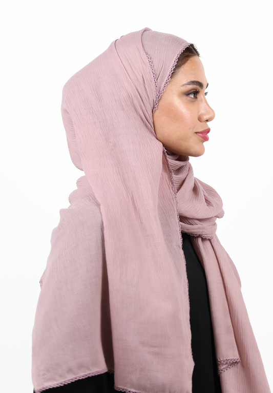 Dusty Mauve Textured Hijab Scarf with Delicate Crochet Edging