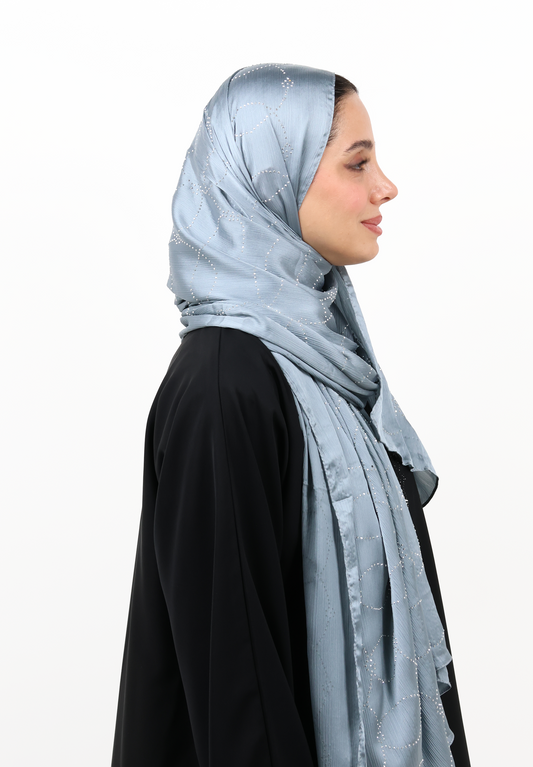 Powder Blue Textured Hijab Scarf with Crystal Detailing