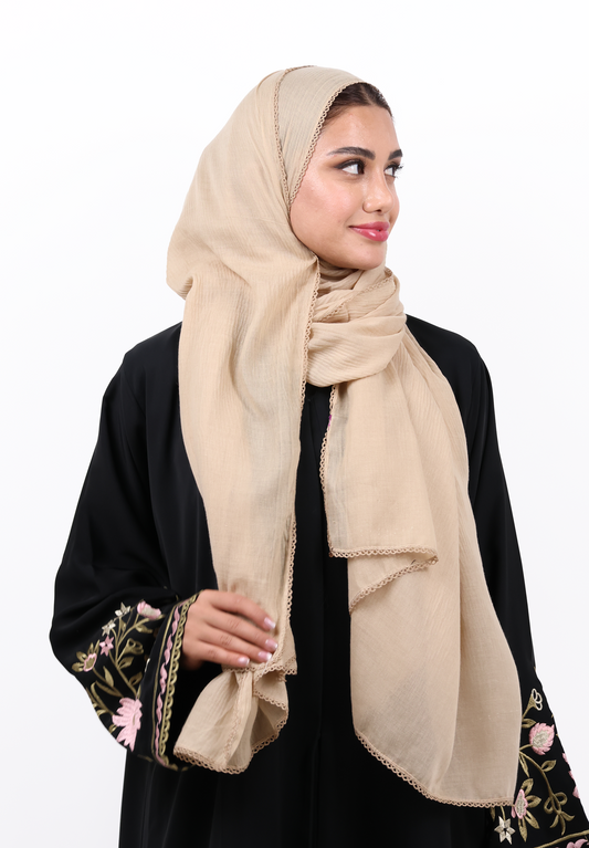 Sand Beige Textured Hijab Scarf with Delicate Crochet Edging
