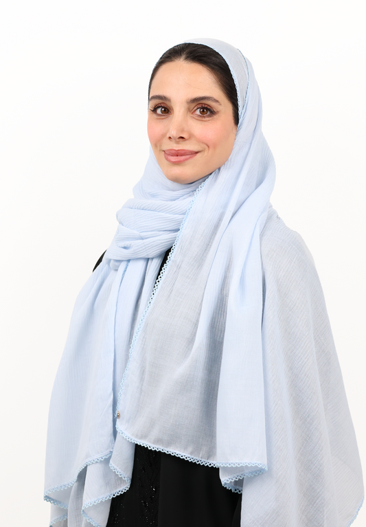Ice Blue Textured Hijab Scarf with Delicate Crochet Edging