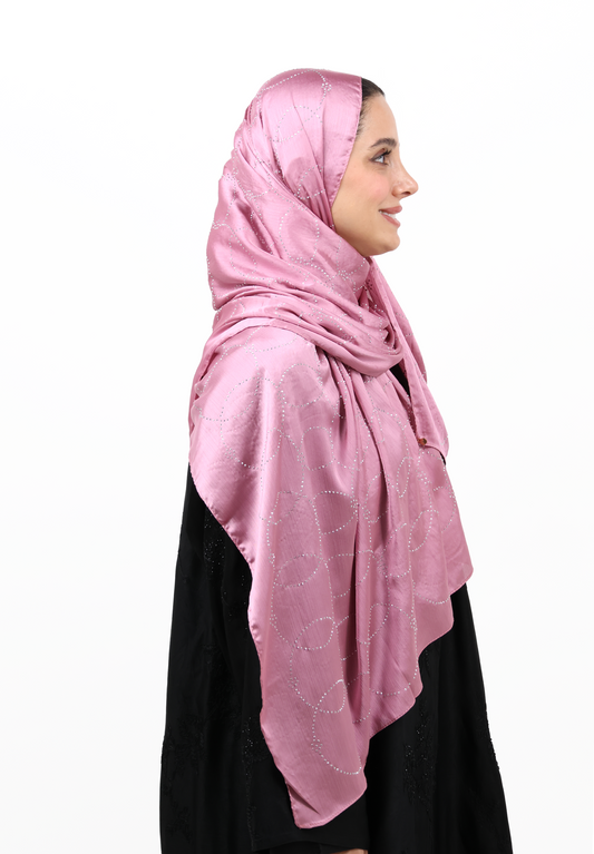 Luxury Muna Satin Embellished Scarf with Strass Detailing (Dusty Pink)