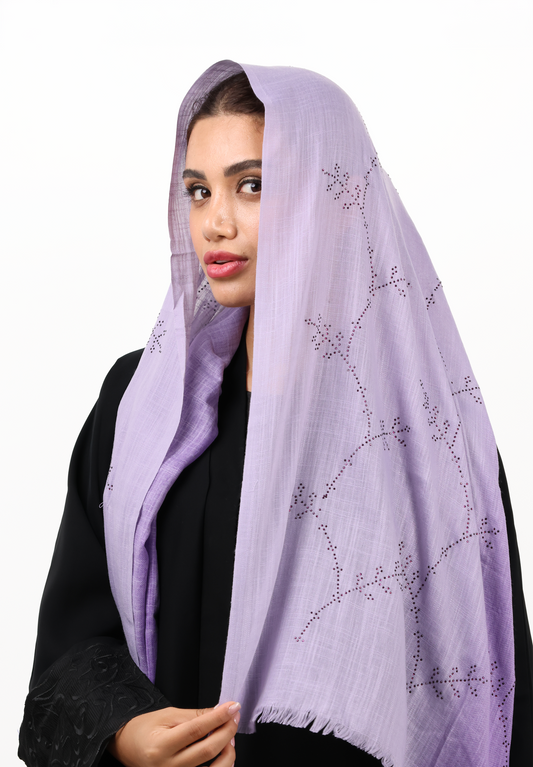 Lavender Ombre Textured Hijab Scarf with Crystal Floral Detailing
