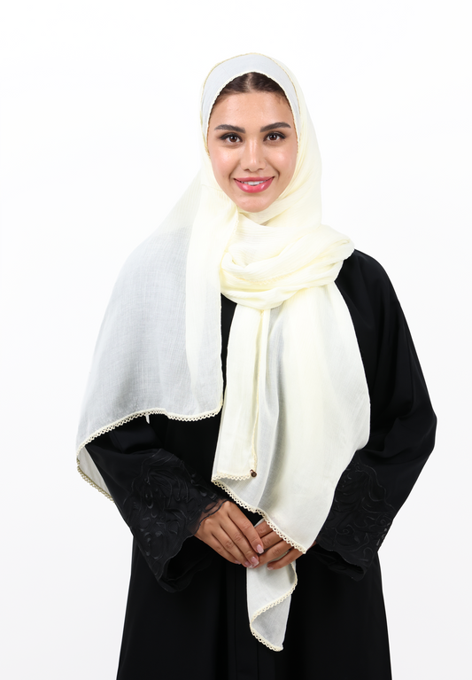 Ivory Textured Hijab Scarf with Delicate Crochet Edging