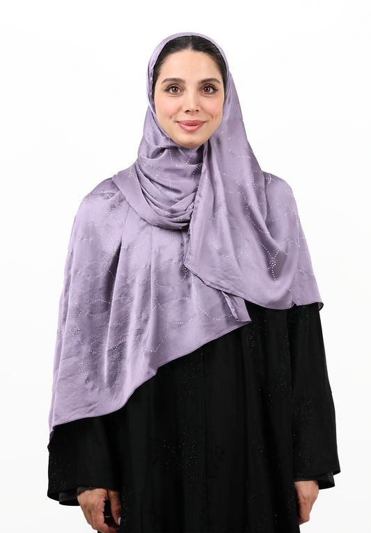 Luxury Muna Satin Embellished Scarf with Strass Detailing (Dusty Lilac / Smoky Violet)