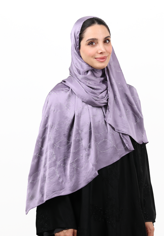 Luxury Muna Satin Embellished Scarf with Strass Detailing (Dusty Lilac / Smoky Violet)
