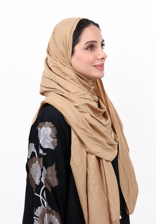 Camel Beige Textured Hijab Scarf with Pearl Drop Details