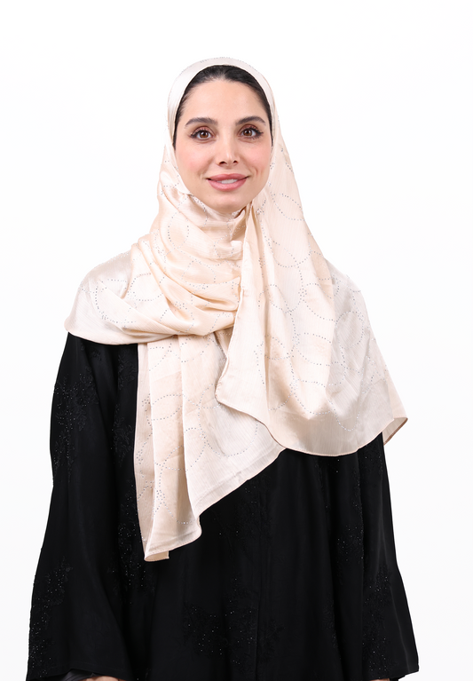 Luxury Muna Satin Embellished Scarf with Strass Detailing (Light Beige / Champagne)