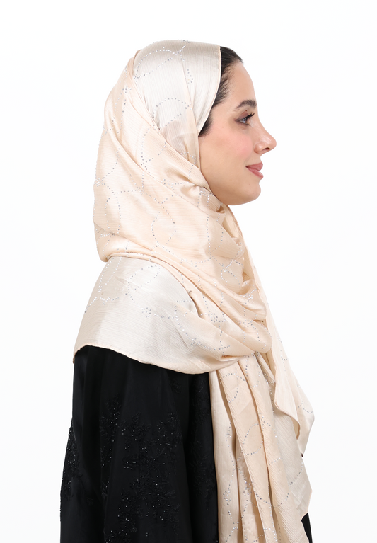 Luxury Muna Satin Embellished Scarf with Strass Detailing (Light Beige / Champagne)