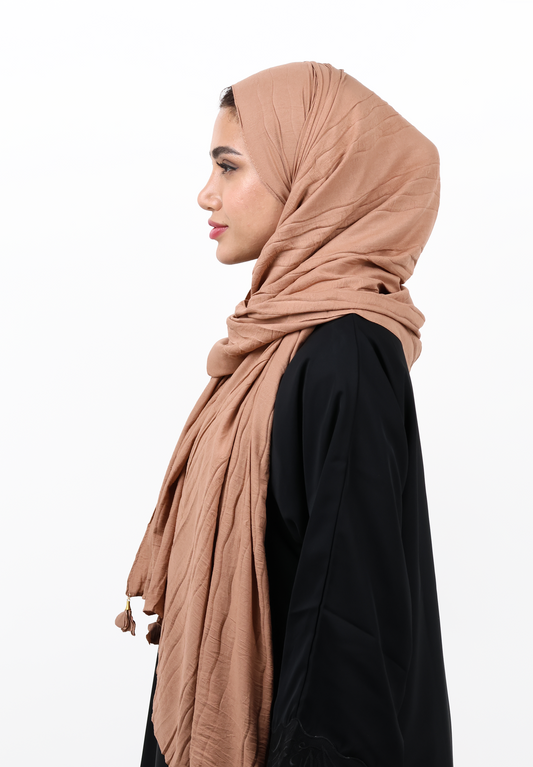 Warm Mocha Textured Hijab Scarf with Floral and Pearl Details